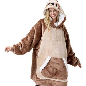 Cozy Fleece Wearable Sloth Hooded Blanket in Brown and Tan Adult